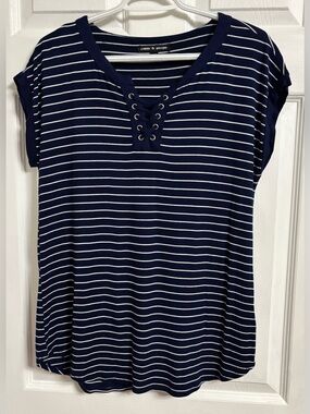 Cable & Gauge Navy & White Striped Lace-Up Tee
